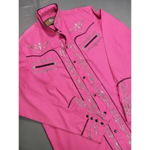 Vtg 80s 90s Montenegro Pink Western Shirt Embroidered Metallic Silver Small